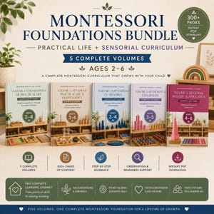 Paquete Montessori para edades de 2 a 6 años / Vida práctica + Currículo sensorial / PDF Montessori para educación en casa / Conjunto de 5 volúmenes