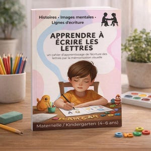 Può includere: Un libro didattico per bambini intitolato "APPRENDRE À ÉCRIRE LES LETTRES". La copertina mostra un bambino che scrive. Il titolo è in grandi lettere, con testo aggiuntivo: "Histoires • Images mentales • Lignes d'écriture".