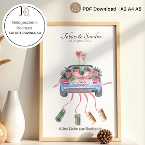 Peut inclure: Une impression encadrée à l'aquarelle représentant une voiture bleue ornée de fleurs et d'un grand nœud rose. Des rubans roses partent de la voiture, chacun attaché à des billets enroulés. L'impression porte les noms "Tobias & Sandra" et la date "-14. August 2026-".