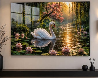 Luxury Swan Tempered Glass Wall Art, Serene Lake with Water Lilies, Elegant Nature De