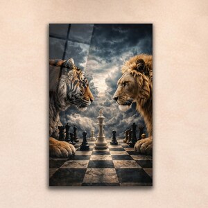 Op de afbeelding: Een ingelijst kunstwerk toont een schaakspel tussen een tijger en een leeuw. Het schaakbord staat centraal, met de koningsfiguur in focus. De achtergrond toont een dramatische, bewolkte lucht.