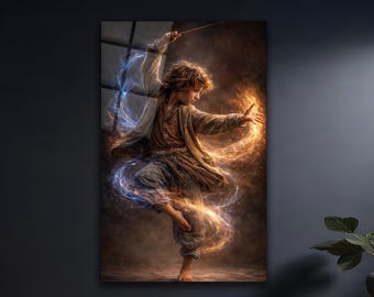 Magic Energy Warrior Wall Art – Fantasy Martial Arts Canvas, Mystic Fire & Ice Decor