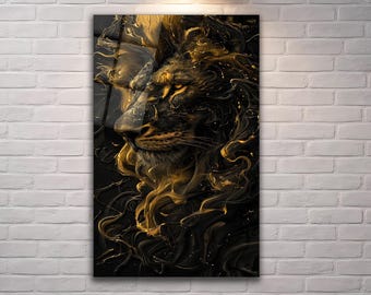 Szklana sztuka ścienna, czarny złoty lew