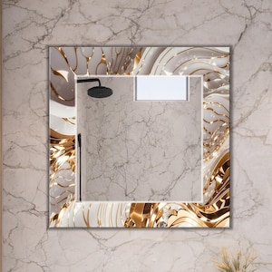 Specchio da parete quadrato di lusso - Cornice in marmo bianco e oro, specchio da bagno in vetro temperato