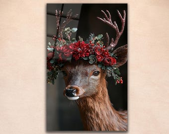 Arte mural de lujo con ciervos florales en vidrio, elegante retrato de ciervo, decoración de astas de rosa roja,