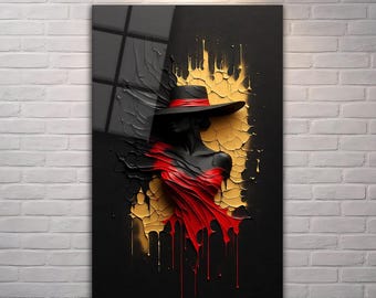Quadro moderno astratto in vetro con figura femminile, decorazione di lusso in rosso e nero.
