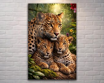 Leopard Family Wall Art | Mother and Cubs Canvas | Wildlife Love Decor