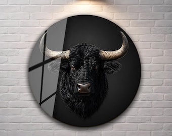 Cuadro de pared de cristal redondo con forma de toro negro, decoración moderna de pared con animales.
