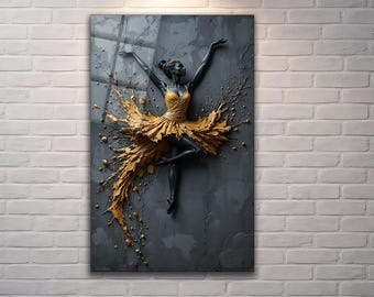 Złota Czarna Baletnica Szklana Sztuka | Panel 3D Abstrakcyjny Taniec, Nowoczesny Wystrój