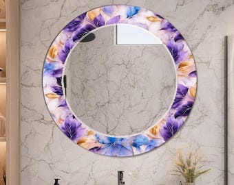 Round Floral Bathroom Mirror, Purple Blue Glass Wall Art Mirror, Luxury Modern Vanity Decor