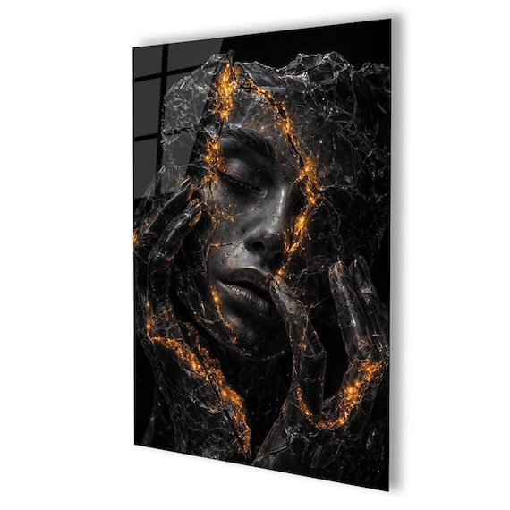 Abstract Woman Glass Wall Art – Black & Gold Tempered Glass Decor