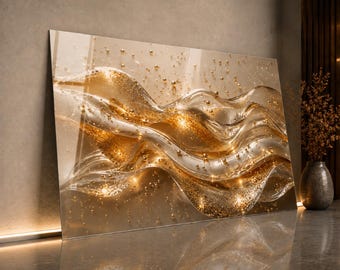 Tempered Glass Wall Art, Gold Crystal Waves, Abstract Glass Design, Modern Living Room Decor