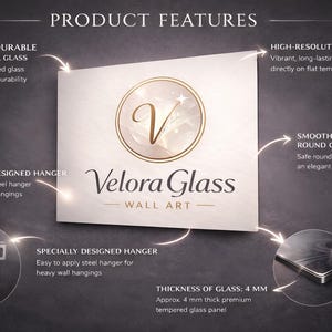 May include: A rectangular Velora Glass wall art panel featuring a central circular logo with a letter V. The product features include 10x more durable tempered glass, high-resolution UV printing, smooth polished round corners, and a 4 mm thickness.
