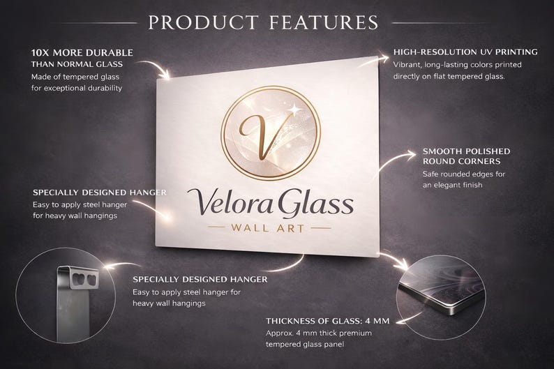 May include: A rectangular Velora Glass wall art panel featuring a central circular logo with a letter V. The product features include 10x more durable tempered glass, high-resolution UV printing, smooth polished round corners, and a 4 mm thickness.