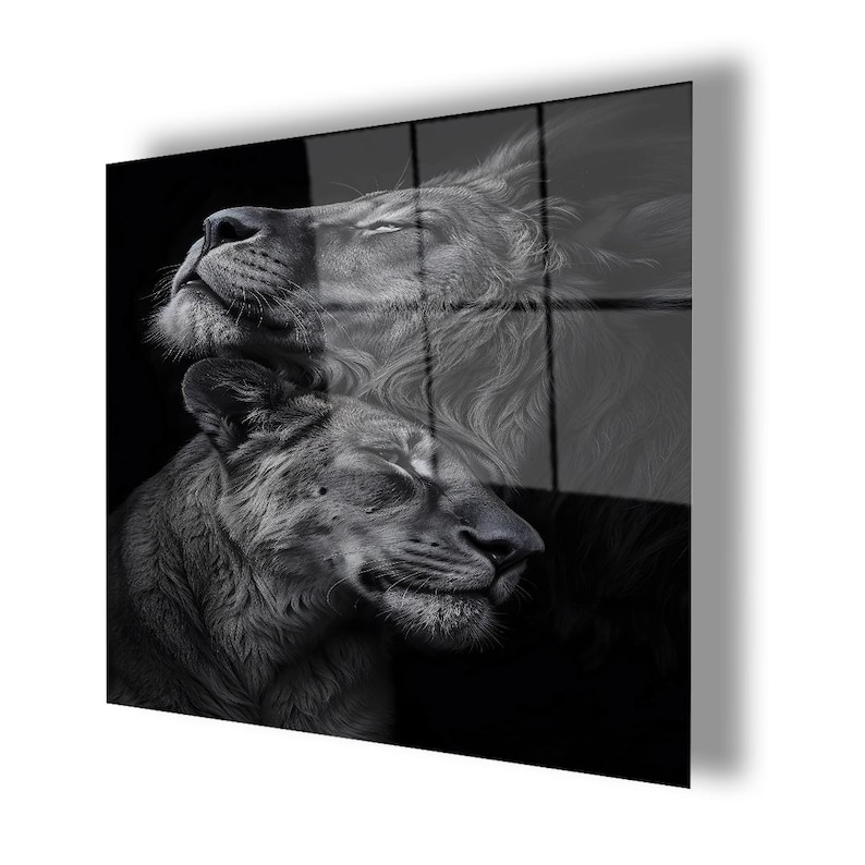 May include: A rectangular wall art piece featuring a black and white photographic print of two lions. The upper lion is positioned with its head tilted upward, while the lower lion rests its head below, both captured in a serene, close-up profile.
