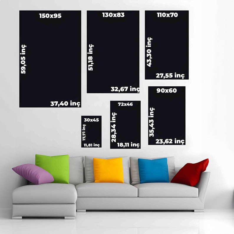 May include: A light gray sectional sofa with purple, lime green, yellow, blue, and red throw pillows. Above the sofa are six black rectangular wall art frames with white text labels indicating dimensions in centimeters and inches.