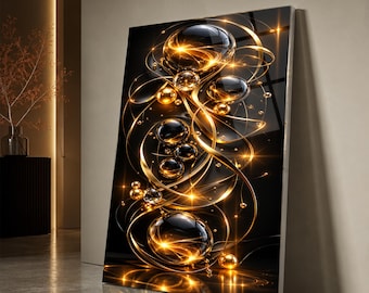May include: A rectangular wall art piece featuring a black background with abstract, glossy black spheres and swirling golden ribbons. The composition includes bright, glowing light flares and small golden dots, creating a sense of depth and movement.