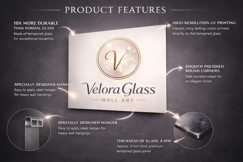 May include: Product features of Velora Glass wall art. The image highlights the durability, high-resolution UV printing, smooth polished corners, and specially designed hangers. The glass is approximately 4 mm thick.