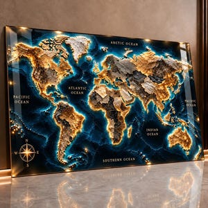 May include: A rectangular wall art piece featuring a world map with textured, raised golden landmasses against a deep blue ocean background. The continents are illuminated with a glowing light effect along their edges. Includes a compass rose and text labels for oceans.
