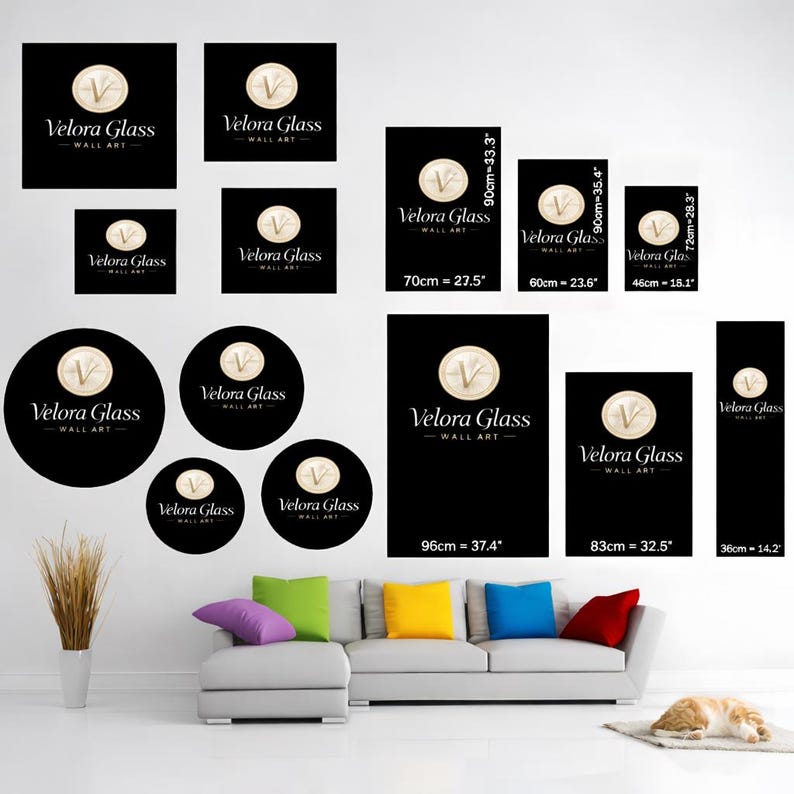 May include: A collection of black wall art pieces with the text "Velora Glass - Wall Art". The art features a gold emblem with the letter "V". Various sizes are displayed, including 36 inches, 32.5 inches, and 37.4 inches.