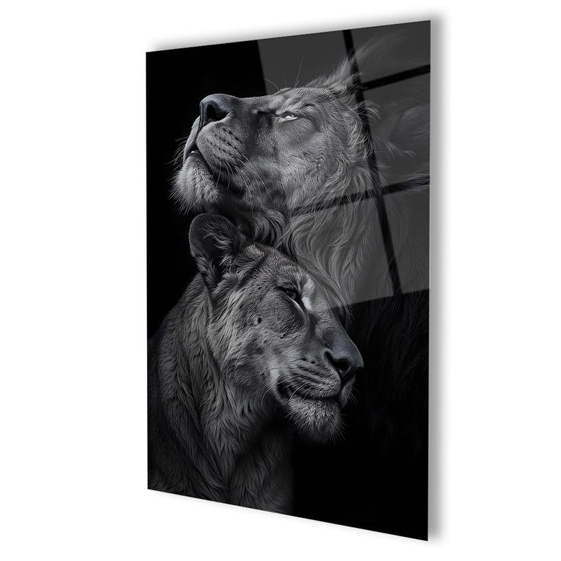 May include: A black and white wall art print featuring a close-up portrait of two lions. The top lion looks upward with a focused expression, while the lion below is positioned slightly forward, both rendered in detailed monochrome tones.