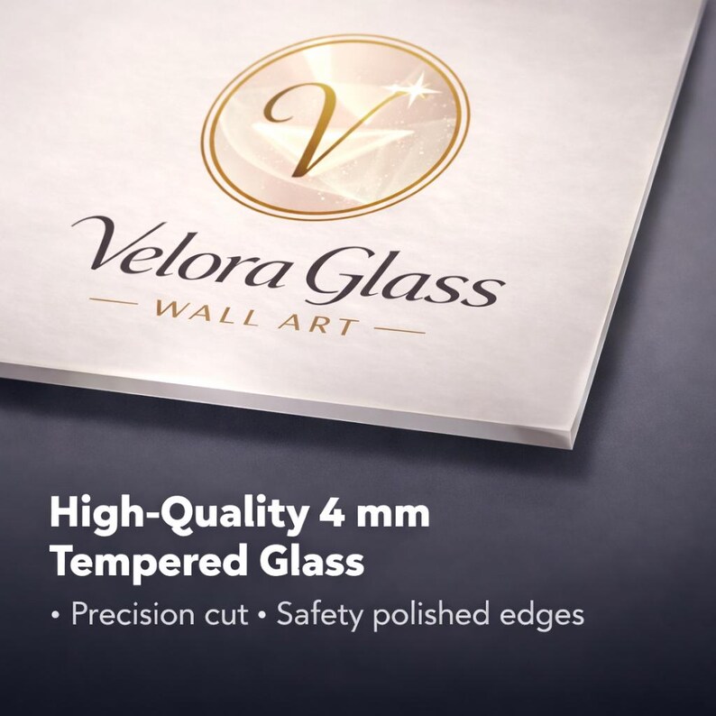 May include: A corner view of a white, rectangular piece of tempered glass with the text "Velora Glass WALL ART" in black and gold. The text "High-Quality 4 mm Tempered Glass" is also visible, along with "Precision cut &bull; Safety polished edges."