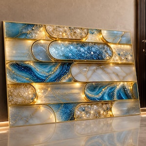May include: A rectangular wall art piece composed of horizontal, rounded-edge panels framed in gold. The panels feature a mix of deep blue, white, and gold textures, including swirling marble-like patterns, crystalline details, and gold leaf accents.