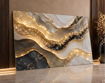 May include: A rectangular wall art piece featuring abstract, flowing waves of white, cream, and dark gray marble-like textures. The design incorporates embedded gold-toned metallic accents and clusters of clear and dark crystals with integrated lighting.
