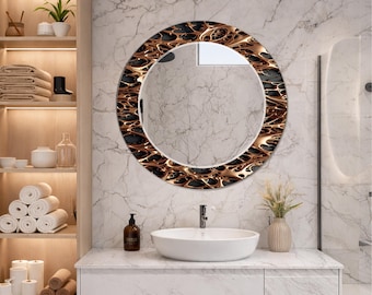 Espejo de pared de lujo con múltiples formas / Espejo con marco abstracto en negro y dorado / Decoración moderna para tocador de baño