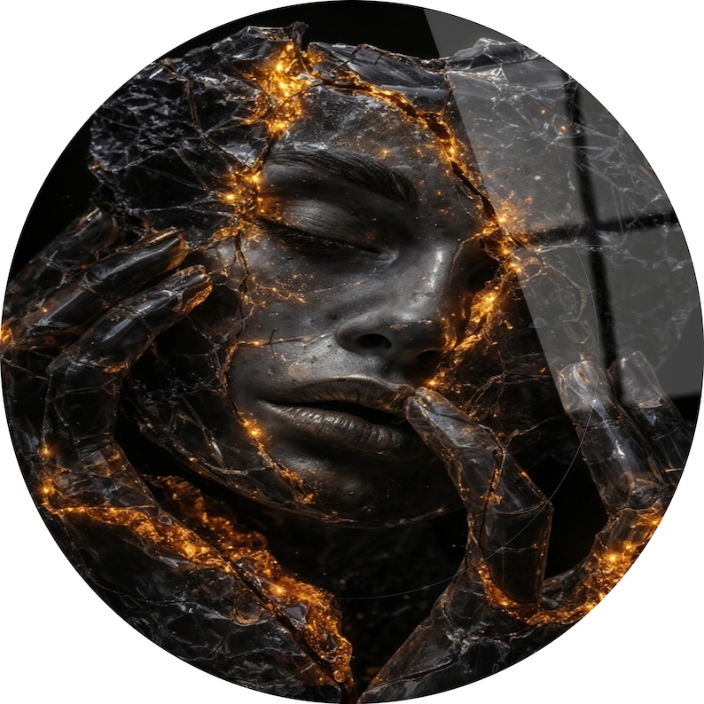 May include: A round, black and gold artwork features a serene face with closed eyes, framed by hands. The face and hands are dark, with golden, crack-like lines illuminating the form, creating a striking contrast and a sense of depth.