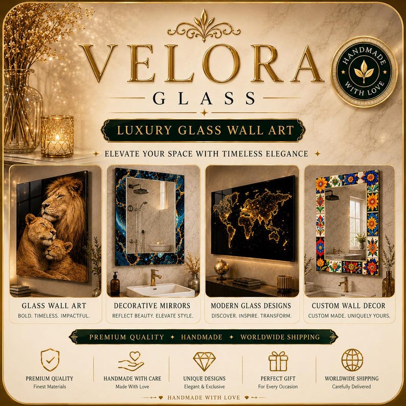 May include: A promotional display for Velora Glass featuring four distinct categories of glass wall art and mirrors. The layout includes images of a lion family print, a blue-bordered mirror, a world map, and a floral-patterned mirror.