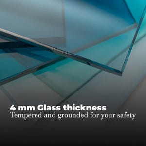 May include: A stack of transparent blue-tinted glass sheets with polished edges. The text on the image reads: 4 mm Glass thickness. Tempered and grounded for your safety. The glass panels are layered, showing a smooth, reflective surface.