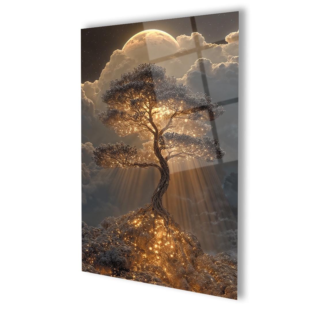 Tempered Glass Wall Art: Golden Tree of Light (Modern Home Decor)