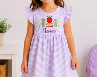 Personalized Pink or Purple Striped Back to School Dress | Embroidered Apple Books Name, Girls First Day Outfit