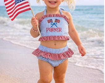 Personalized Seersucker Toddler Swimsuit, Red White Blue Patriotic Bikini, Monogram July 4th Outfit