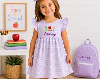 Vestido de rayas personalizado para la vuelta al cole / Nombre bordado en Apple Books, conjunto para el primer día de clase de niñas