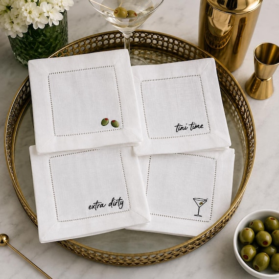 Martini Cocktail Napkins, Embroidered Martini Gift, Hostess Gift for Her, Cocktail Napkin Set of 4, Bar Cart Decor