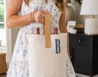 Gepersonaliseerde wijnfleshouder, geborduurde wijntas voor twee flessen, gastgeschenk met monogram, housewarmingcadeau voor wijnliefhebber