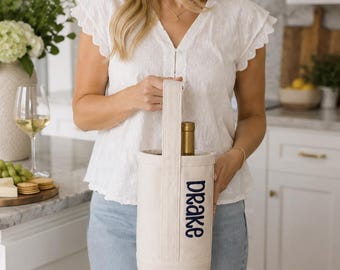 Gepersonaliseerde wijnflestas | Wijntas met geborduurde naam | Gastvrouwcadeau | Wijnflesdrager op maat | Cadeau voor een housewarming