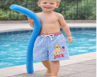 Personalized Boys Swim Trunks | Embroidered Dog Flag Name Bathing Suit