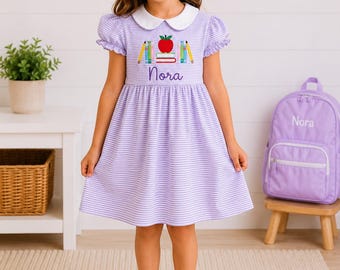 Personalized Pink or Purple Back to School Collared Dress, Embroidered First Day of School Outfit, Girls Apple Dress, Custom Name