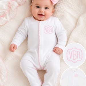 Personalized Baby Girl Footie Sleeper | Monogrammed Crochet Trim Pajamas (NB-18M)