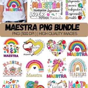 Op de afbeelding: Een verzameling PNG-afbeeldingen met het woord "MAESTRA" (lerares) in verschillende ontwerpen. De afbeeldingen bevatten regenbogen, potloden, appels en andere schoolgerelateerde afbeeldingen. De tekst "MAESTRA PNG BUNDLE" is ook aanwezig.