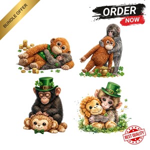 May include: Four illustrations of cartoon monkeys. Two monkeys are hugging, one is wearing a green hat with shamrocks, and the other is lying on a bed of shamrocks. Gold coins are scattered around the monkeys. The words "Bundle Offer" and "Order Now" are visible.