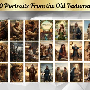 May include: A collection of 30 portraits from the Old Testament, each framed in gold. The images depict various biblical figures, including Noah, Abraham, and Joseph. The portraits are rendered in a classical art style, with detailed depictions of clothing and settings.