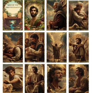 May include: A collection of 10 illustrated cards depicting figures from the Old Testament, such as Adam, Noah, Abraham, Jacob, Joseph, Moses, Joshua, David, Solomon, Elijah, and Daniel. Each card has a gold border and a portrait of the biblical figure.
