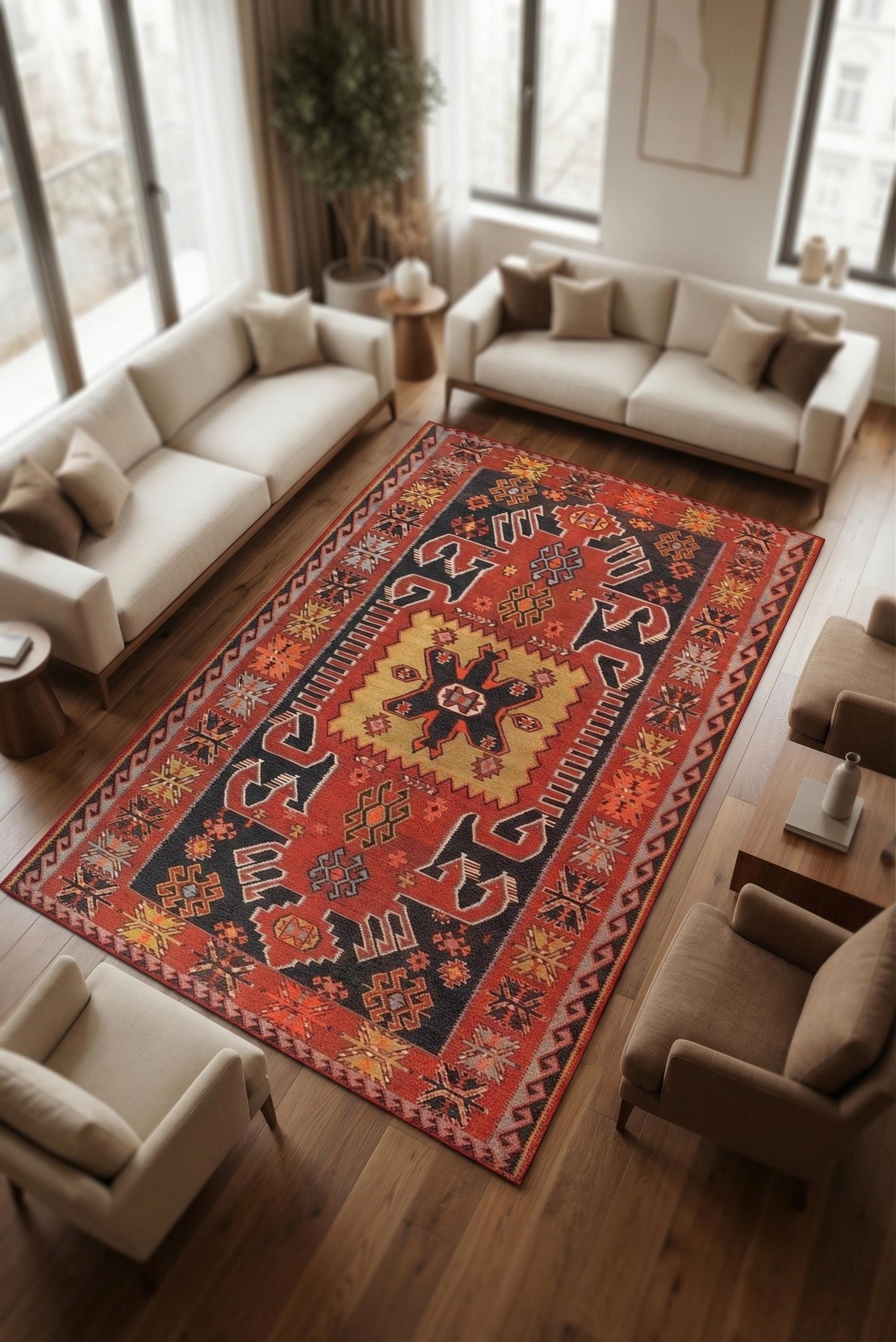 Red Turkish Style Rug Vintage Turkish Style Area Rug, Distressed Geometric Medallion, Boho ...