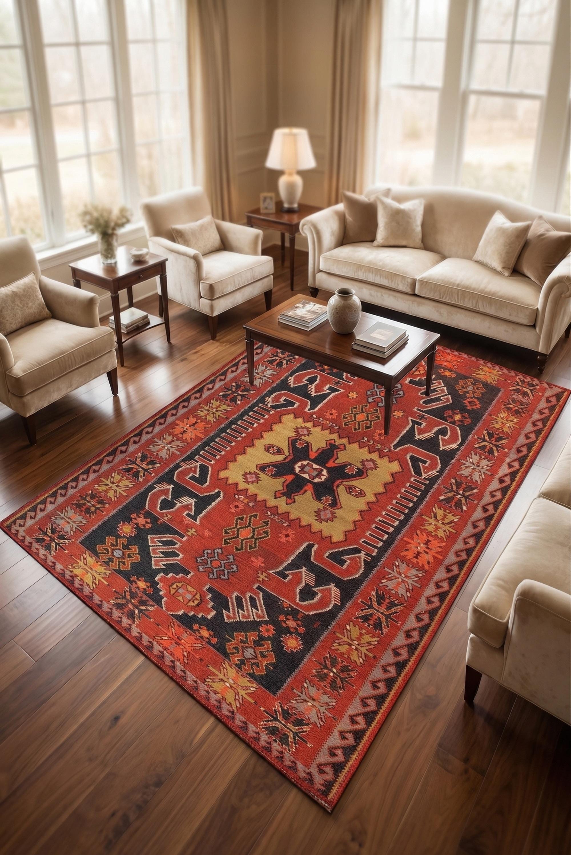 Red Turkish Style Rug Vintage Turkish Style Area Rug, Distressed Geometric Medallion, Boho ...