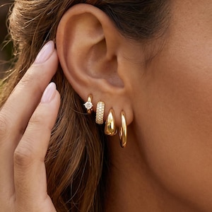 18K Gold Filled Curated Earring Set Teardrop Hoops Pave Huggies Dainty Solitaire Stud Minimalist 4 Piece Set Stackable Jewelry