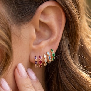 18K Gold Filled Colorful Marquise CZ Hoop Earrings Pair, Rainbow Gem Huggie Hoops, Dainty Statement Jewelry Gift for Her